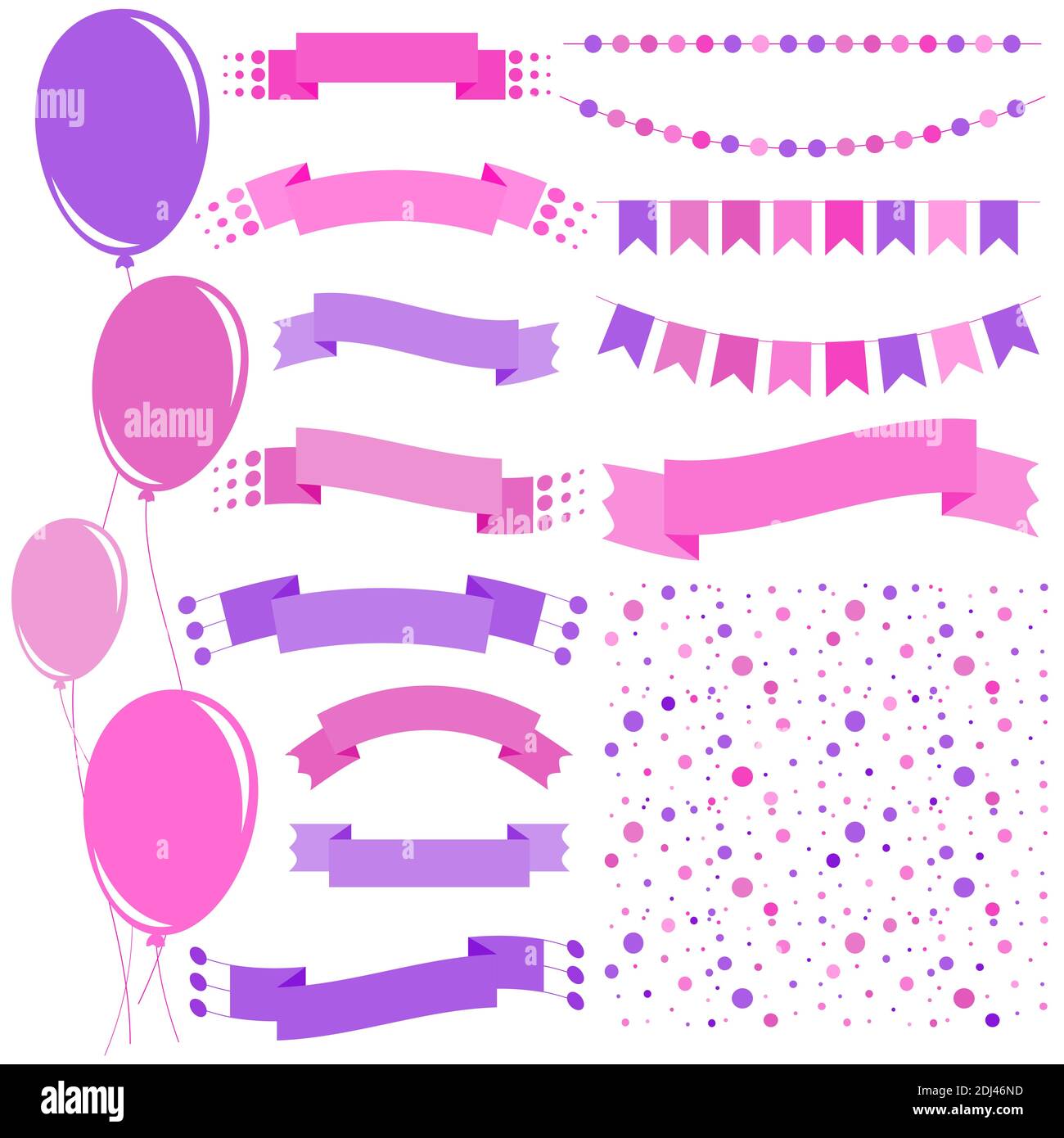 Set of flat pink and purple isolated balloons on ropes and garlands of