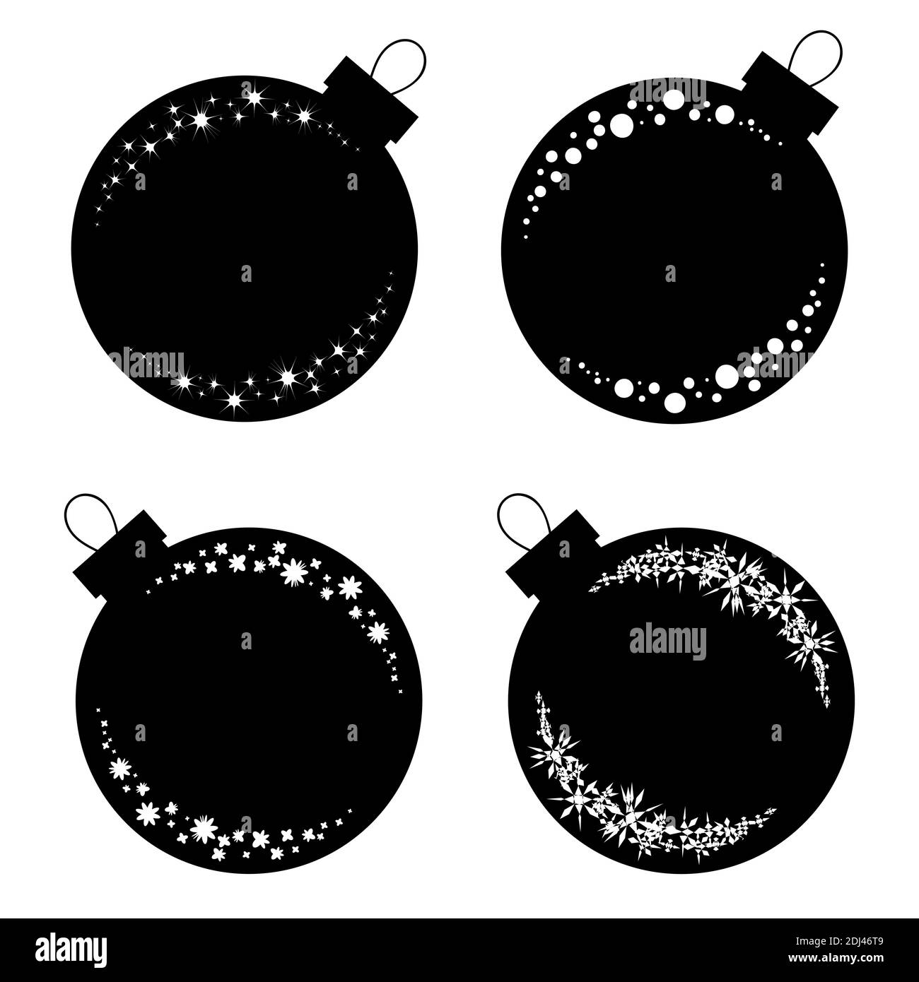 Set of flat isolated black and white silhouettes of Christmas toys balls on a white background Stock Vector
