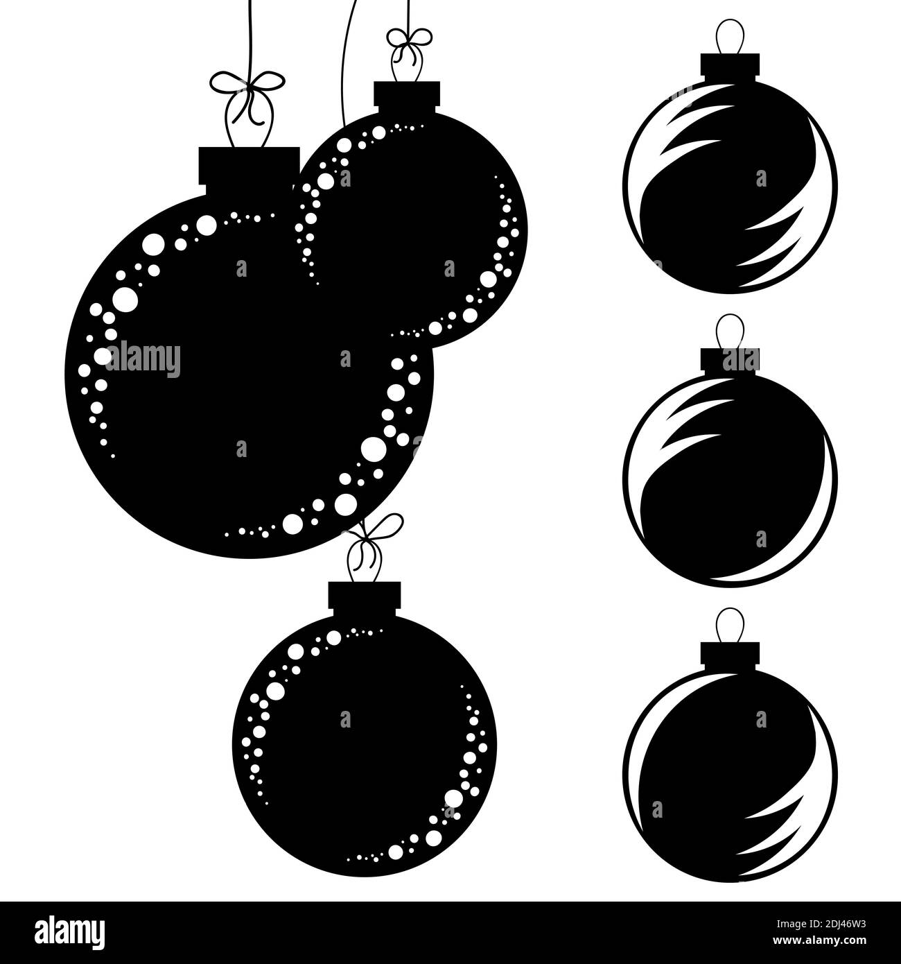 Set of flat isolated black and white silhouettes of Christmas toys balls on a white background. hanging on the rope with a bow Stock Vector