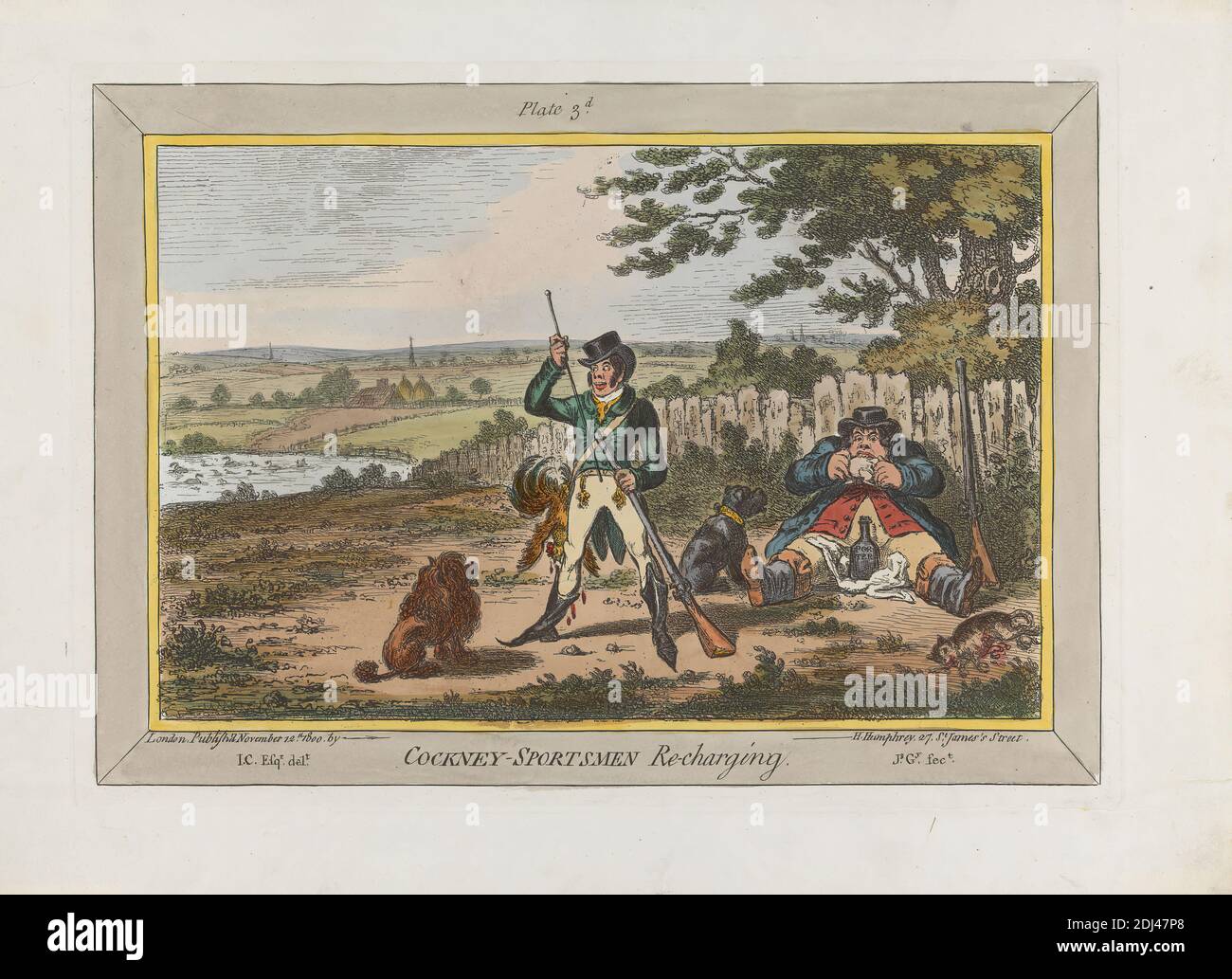 Cockney-Sportsmen Re-charging, James Gillray, 1757–1815, British, after Isaac Cruikshank, 1756–1810, British, 1800, Hand colored etching, with etched borders, Sheet: 10 1/8 x 14 1/8in. (25.7 x 35.9cm Stock Photo