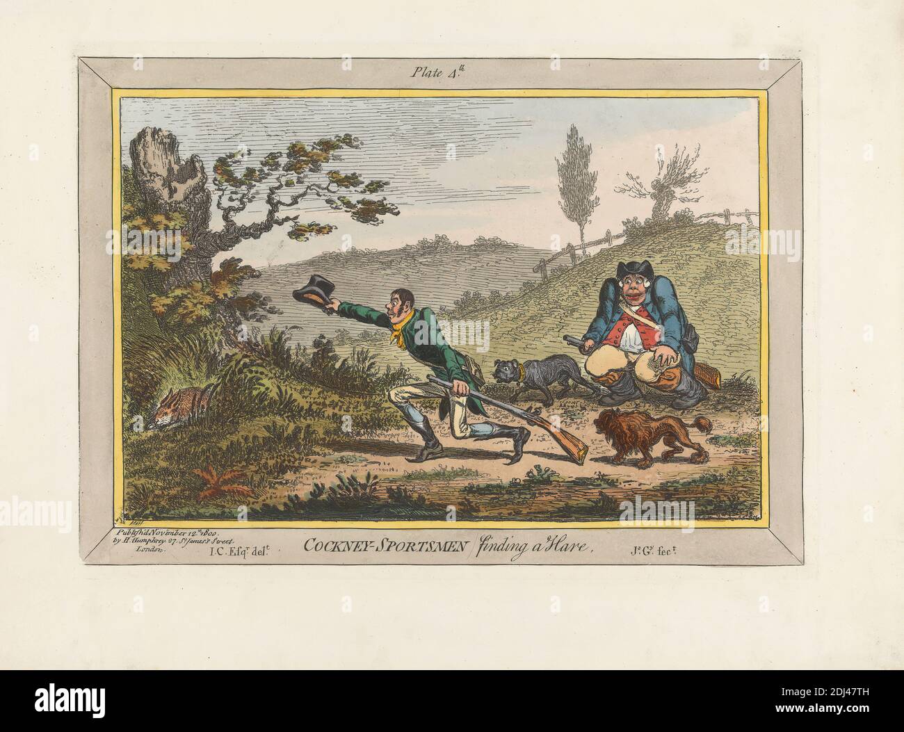 Cockney-Sportsmen finding a Hare, James Gillray, 1757–1815, British, after Isaac Cruikshank, 1756–1810, British, 1800, Hand colored etching, with etched borders, Sheet: 10 1/8 x 14 1/8in. (25.7 x 35.9cm Stock Photo