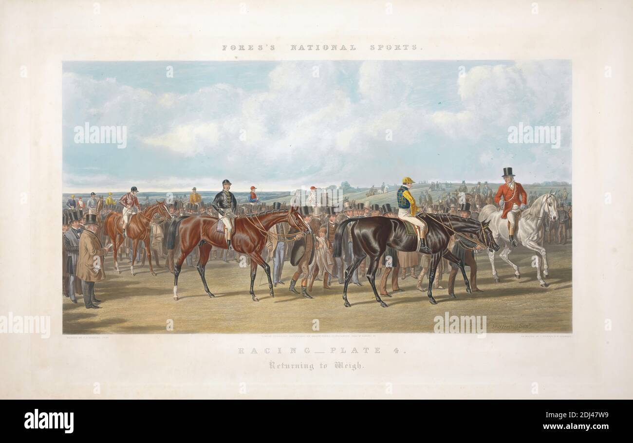 Fores's National Sports: Racing - Returning to Weigh, John Harris, 1811–1865, British, after John Frederick Herring, 1795–1865, British, 1866, Aquatint, hand-colored, Sheet: 17 1/2 x 27 3/4in. (44.5 x 70.5cm Stock Photo