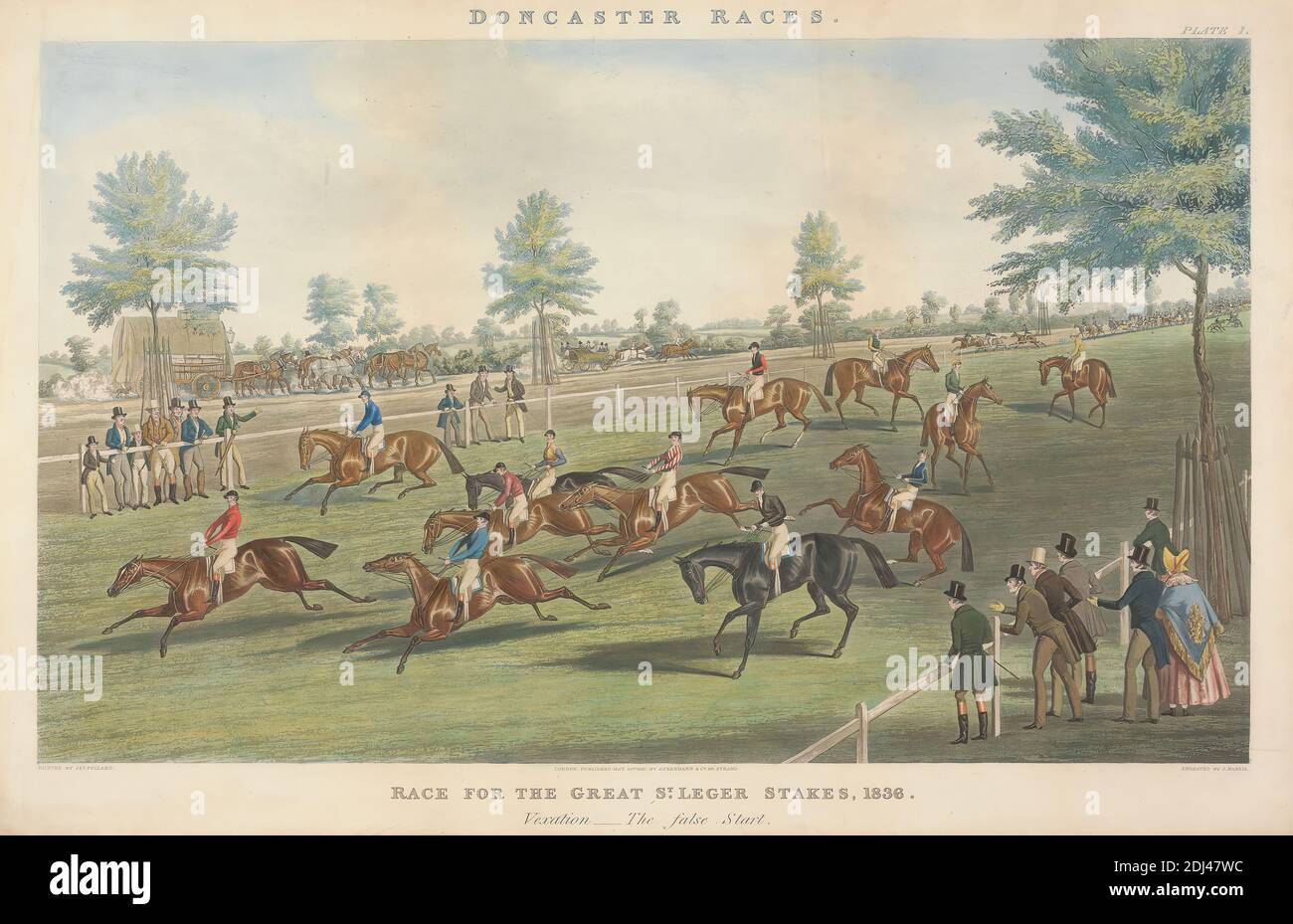 Doncaster Races: Race for the Great St. Leger Stakes, 1836 - Vexation-The  false Start, John Harris, 1811–1865, British, after James Pollard,  1792–1867, British, 1837, Aquatint, hand-colored, Sheet: 17 7/8 x 27in.  (45.4 x 68.6cm Stock Photo - Alamy