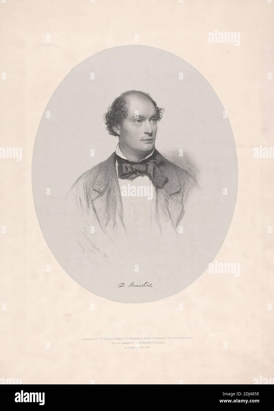 Daniel Maclise, Print made by Charles Baugniet, 1814–1886, Belgian, Printed by M & N Hanhart, active 1841–1852, Published by Ernest Gambart, 1814–1902, French, active in London (after 1840), Published by P. & D. Colnaghi, established 1760, active ca. 1785–1911, Italian, active in Britain, 1857, Lithograph on moderately thick, slightly textured, cream wove paper with gray chine collé, Sheet: 20 7/8 x 14 13/16 inches (53 x 37.6 cm) and Image: 13 3/4 x 11 inches (35 x 28 cm), artist, cravat, man, oval, painter, portrait Stock Photo