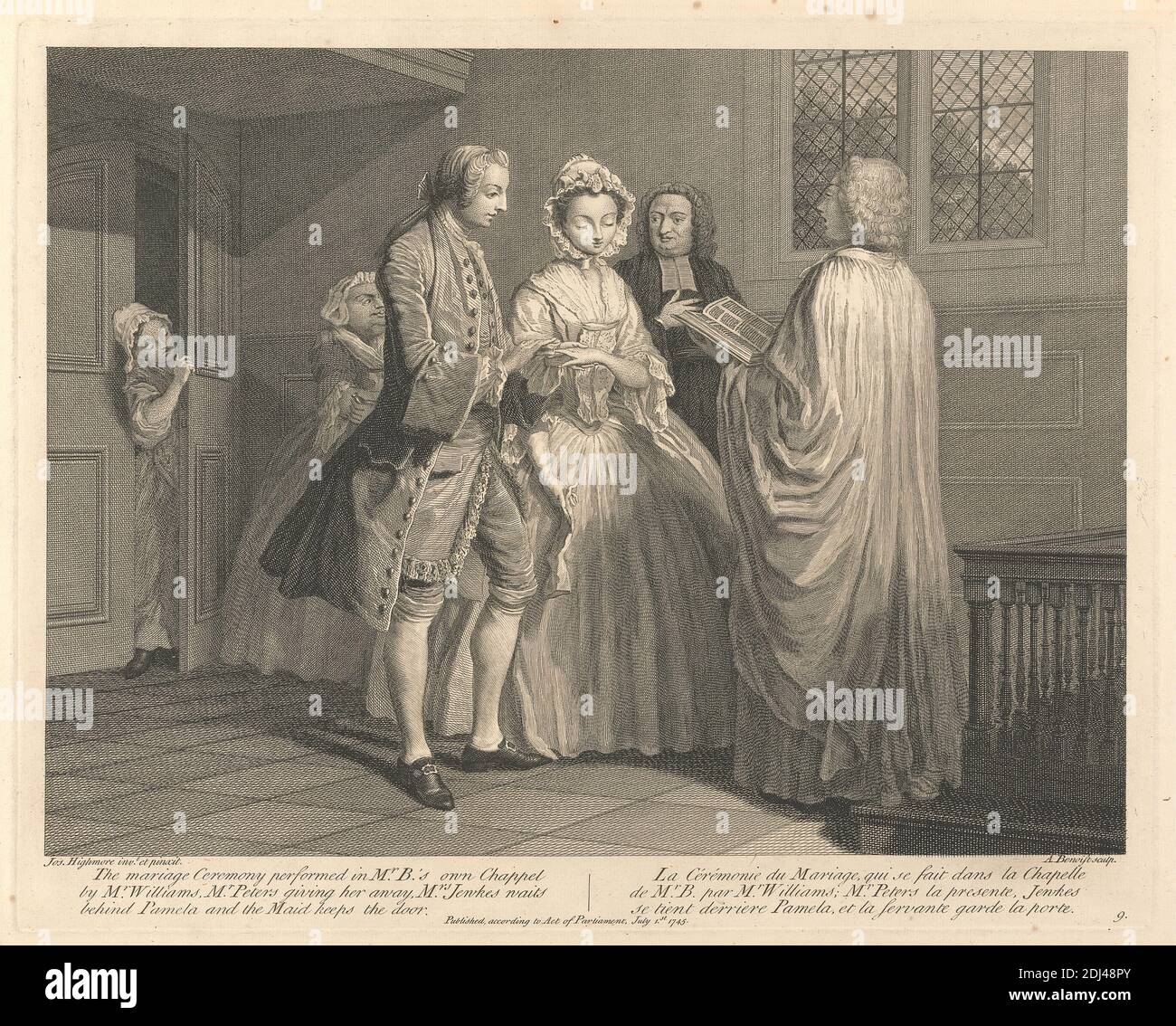 The Marriage Ceremony performed in Mr. B.'s own Chappel by Mr. Williams, Mr. Peters giving her away, Mrs. Jewkes waits behind Pamela and the Maid keeps the door, Print made by Guillaume Philippe Benoist, 1725–ca. 1770, French, after Joseph Highmore, 1692–1780, British, 1745, Etching with stipple engraving on medium, slightly textured, cream laid paper, Sheet: 15 3/8 x 21 1/4 inches (39 x 54 cm), Plate: 11 13/16 x 14 13/16 inches (30 x 37.7 cm), and Image: 10 7/16 x 14 1/8 inches (26.5 x 35.8 cm), bride, ceremony, chapel, dress, genre subject, gloves, groom, literary theme, maid, marriage, men Stock Photo