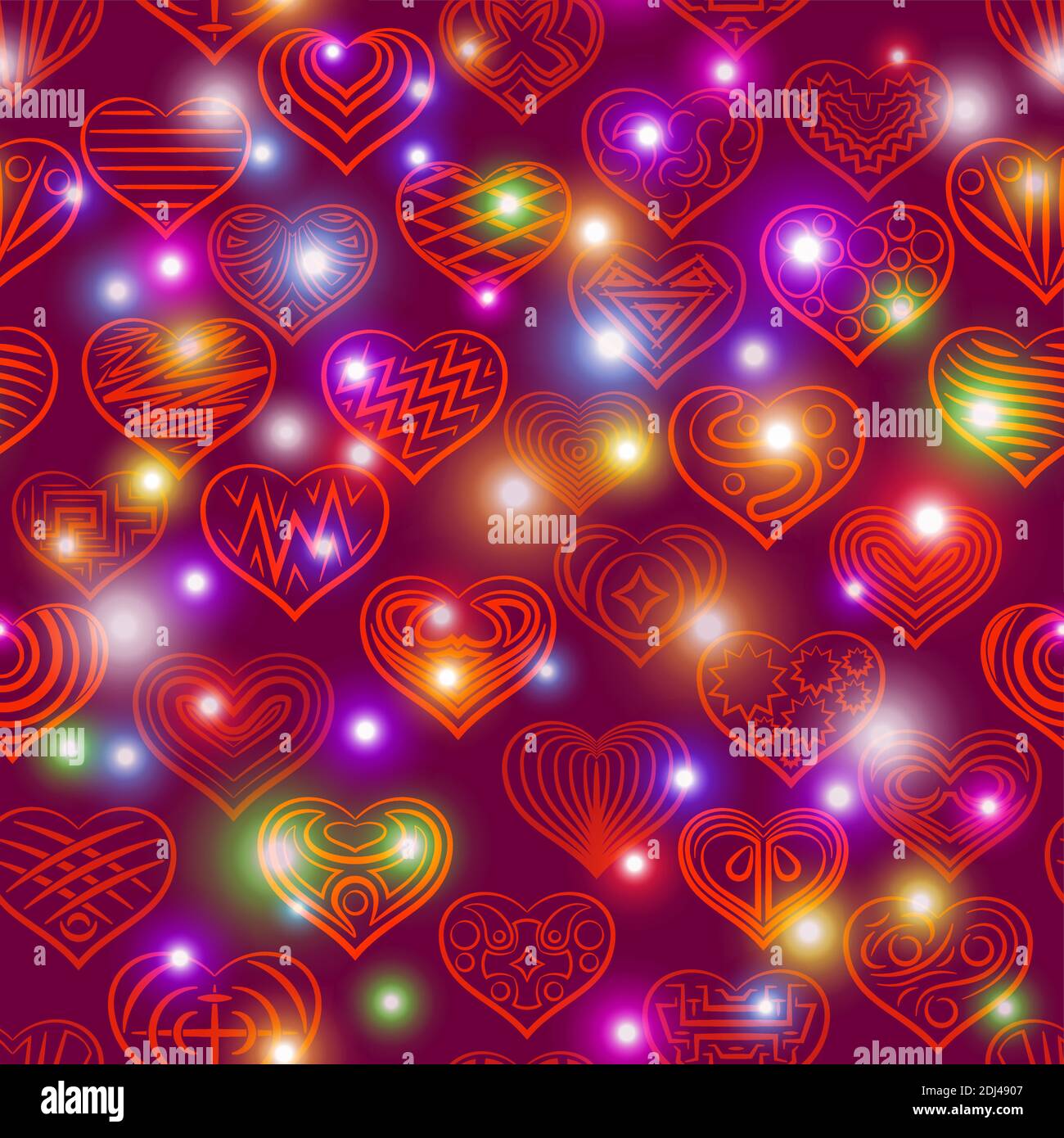 Valentine Holiday Seamless Background with Hearts Contours and Stars, Tile Pattern. Vector Stock Vector
