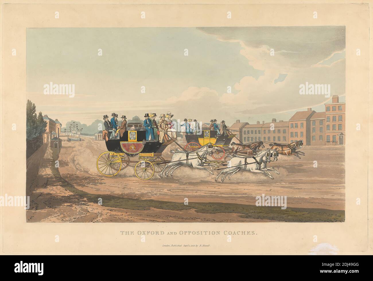 A pair: 2. The Oxford and Oppostion Coaches., Robert Havell, 1769–1832, British, after Robert Havell, 1769–1832, British, 1818, Aquatint, hand-colored, Sheet: 10 5/8 x 15 3/4in. (27 x 40cm Stock Photo