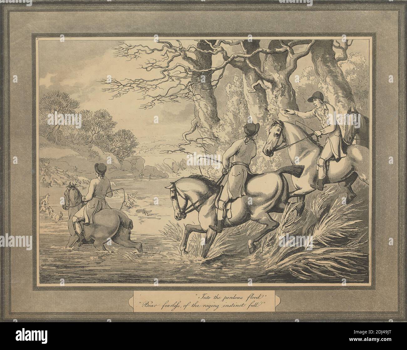 Hunting, Shooting, etc. set of six: 4. 'Into the perilous flood', Samuel Howitt, 1756–1822, British, 1794, Aquatint, Sheet: 9 3/4 x 12 1/4in. (24.8 x 31.1cm Stock Photo
