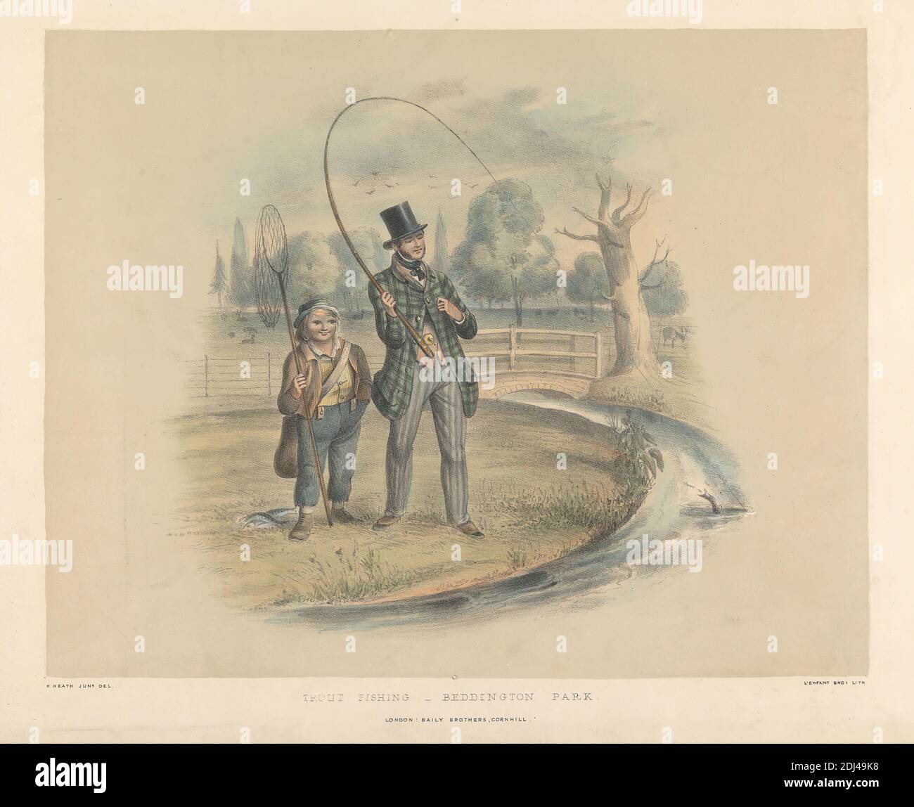 Angling set of six: 6. Trout Fishing-Beddington Park, Henry Heath, active 1824–1835, British, no date, Hand colored lithograph, Sheet: 8 7/8 x 11 3/8in. (22.5 x 28.9cm Stock Photo