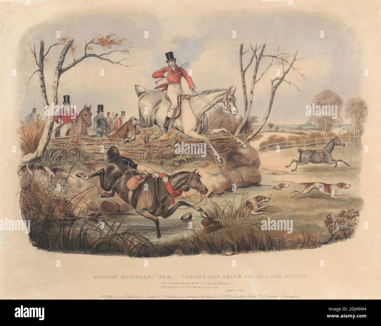 Fox Hunting set of six: Melton Mowbray No. 4. Taking the Shine out of a New Stultz, Printed by Day & Co., 1824–1913, British, Edward Hull, 1810–1877, 1835, Hand colored lithograph, Sheet: 9 7/8 x 13 3/8in. (25.1 x 34cm Stock Photo