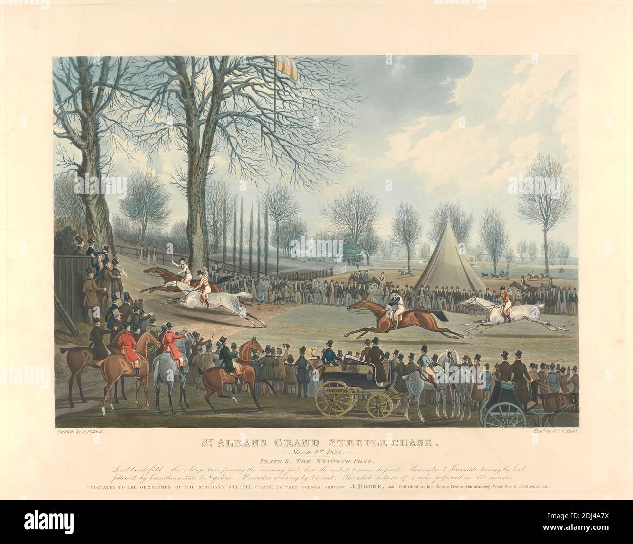 Steeple-chasing set of six: St. Albans Grand Steeple Chase. / 8 March 1832. Plate 6. The Winning Post ..., Charles Hunt, 1803–1877, British, And George Hunt, active 1820–1840, British, after James Pollard, 1792–1867, British, 1832, Aquatint printed in colors, except for hand colored sky, Sheet: 15 3/4 x 19 7/8in. (40 x 50.5cm Stock Photo