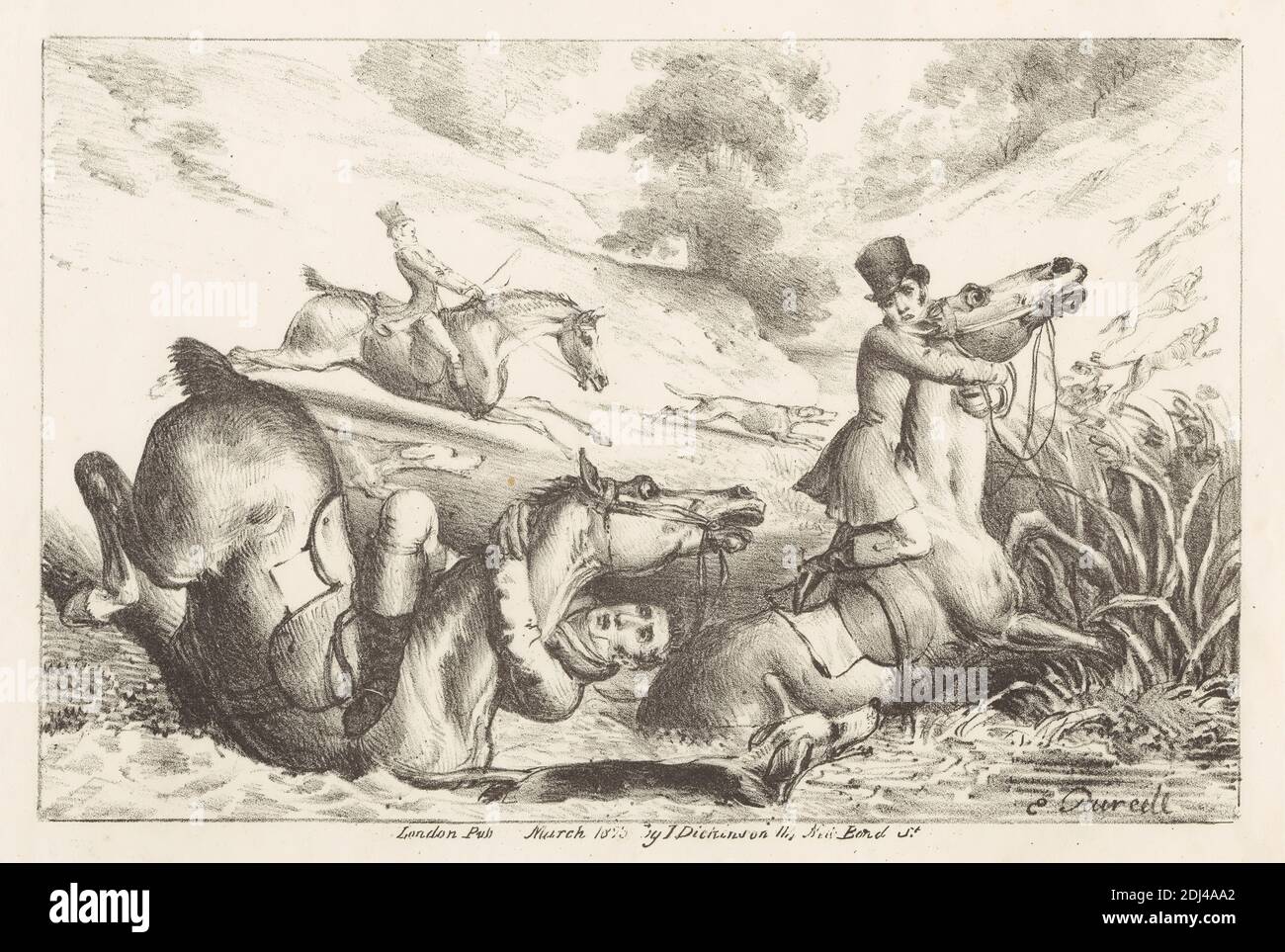 set of 16: 1-12:Fox-hunting subjects (no titles), Richard Purcell, active 1746–1766, Irish, 1823, Lithograph, Sheet: 5 3/8 x 8 1/4in. (13.7 x 21cm Stock Photo