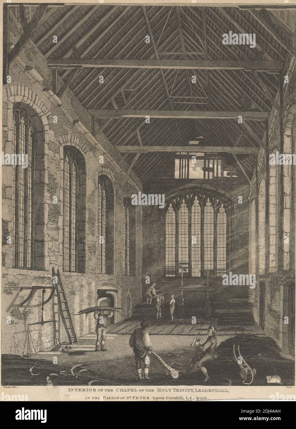 Interior of the Chapel of the Holy Trinity, Print made by Thomas Dale, active ca. 1921, British, after Henry Mayle Whichelo, 1800–1884, British, 1825, Etching on moderately thick, slightly textured, beige wove paper, Sheet: 12 5/8 x 9 5/8 inches (32 x 24.4 cm) and Image: 11 3/4 x 9 1/16 inches (29.8 x 23 cm), architectural subject, beams, boards, carrying, cat (domestic cat), church, construction, genre subject, interior, labor, ladders, men, planks, scales, sitting, stained glass, sunlight, tankard, windows, working, City of London, England, Europe, Greater London, St Peter upon Cornhill Stock Photo