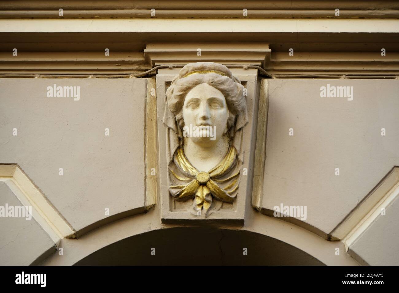 Architectural detail of a historic restaurant building in Düsseldorf Old Town near Rhine river. Well-kept beautiful facade. Stock Photo