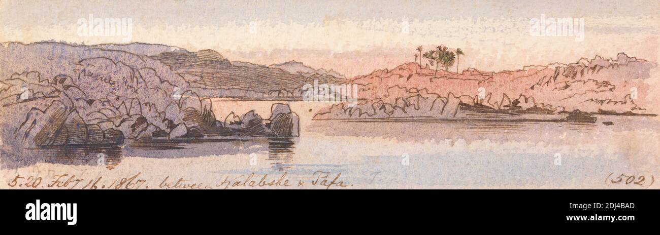 Between Kalabshee and Tafa, 5:20 pm, 16 February 1867 (502), Edward Lear, 1812–1888, British, 1867, Watercolor, pen and brown ink, and graphite on thick, rough, cream wove paper, Sheet: 2 x 6 7/8 inches (5.1 x 17.5 cm), landscape, palm trees, river, river, rocks (landforms), sky, water, Africa, Egypt, Nile, Nubia Stock Photo