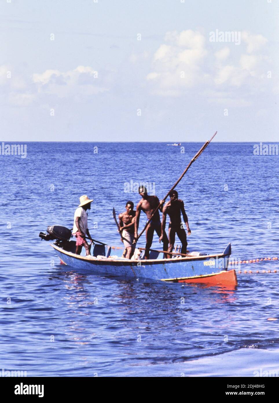1990s St. Lucia (Eastern Caribbean) -  Local fisherman haul in their nets while fishing ca. 1994 Stock Photo