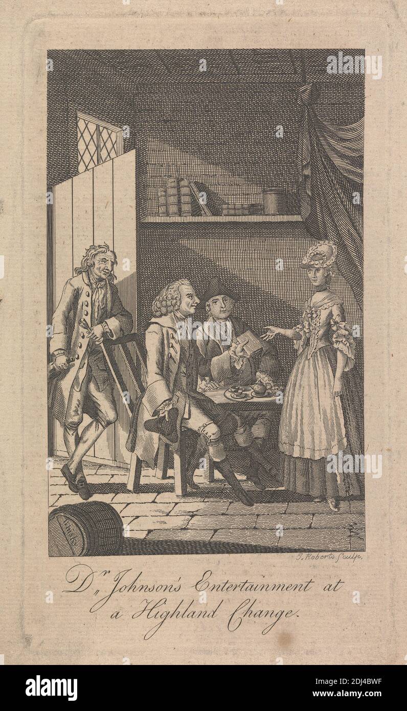 Dr. Johnson's Entertainment at a Highland Change, James Roberts the Elder, 1725–1799, British, after unknown artist, undated, Etching, Sheet: 9 x 5 1/2in. (22.9 x 14cm Stock Photo