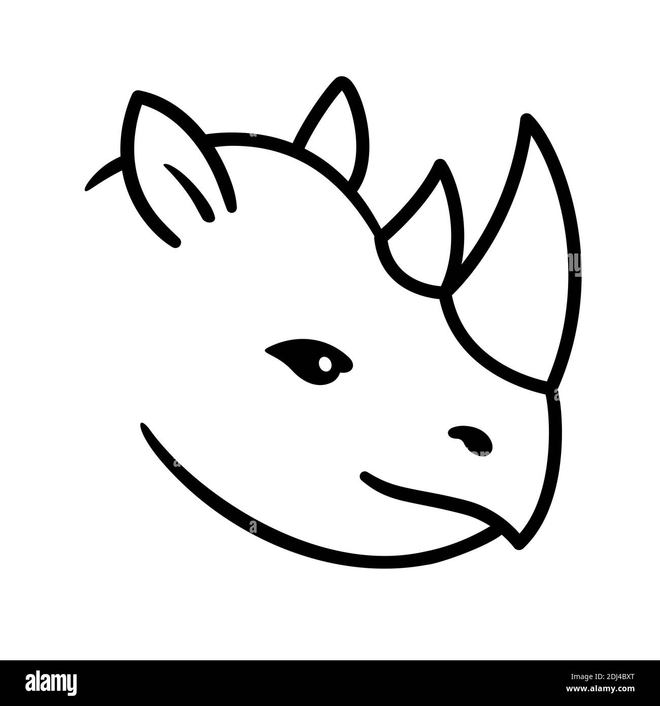 Cartoon rhino head. Rhinoceros face drawing, black and white line art. Vector clip art illustration. Stock Vector