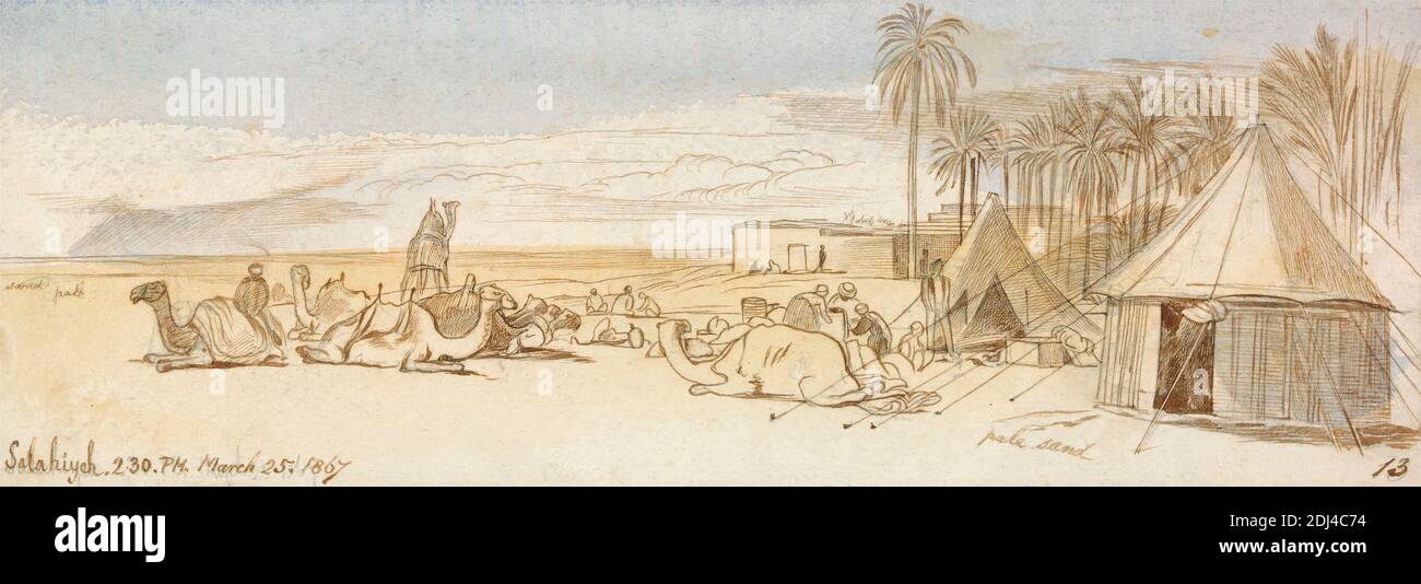 Salahiyeh, Edward Lear, 1812–1888, British, 1867, Watercolor, graphite, pen and brown ink on thick, rough, cream wove paper, Sheet: 3 7/16 x 9 7/8 inches (8.7 x 25.1 cm), building, camels (mammals), camp sites (temporary settlements), figures (representations), genre subject, landscape, palm trees, sand, sky, tents, turbans, Africa, As Salihiyah, Egypt Stock Photo