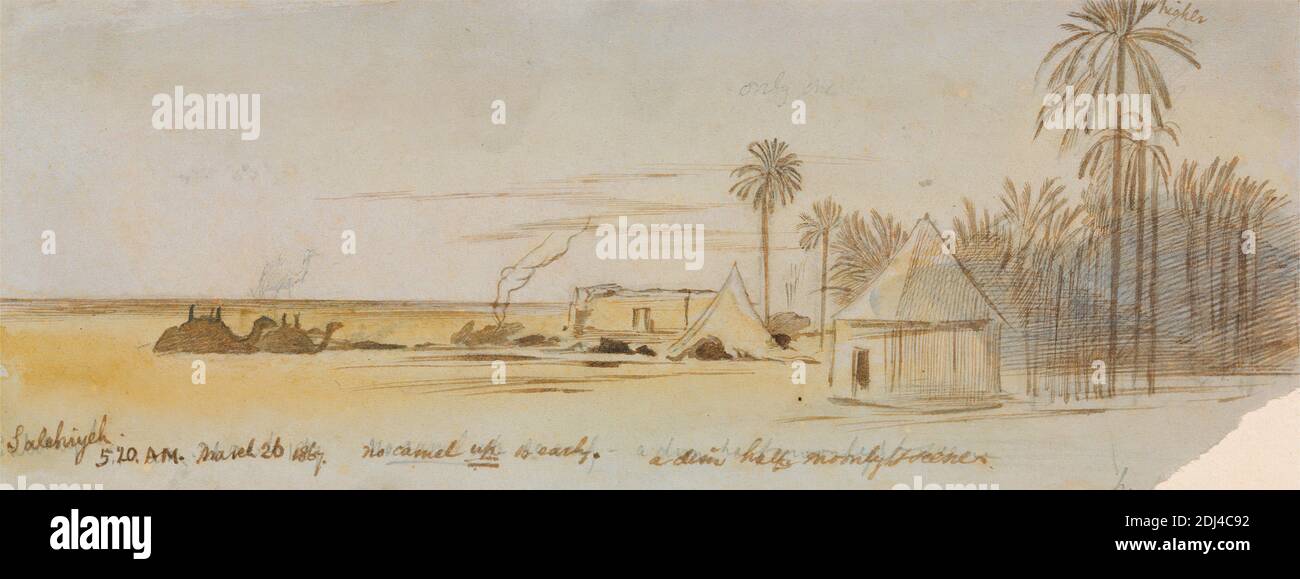 Salahiyeh, Edward Lear, 1812–1888, British, 1867, Watercolor, graphite, pen and brown ink on medium, slightly textured, blue wove paper, mounted on thick, moderately textured, cream wove paper, Sheet: 3 7/16 x 9 inches (8.7 x 22.9 cm), camels (mammals), camp sites (temporary settlements), landscape, palm trees, sand, sky, smoke, structure (single built work), tents, Africa, As Salihiyah, Egypt Stock Photo