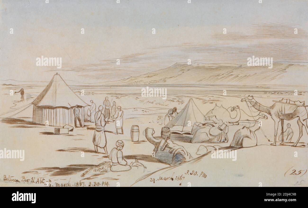 Between Bir El Abt, Edward Lear, 1812–1888, British, 1867, Watercolor, graphite, pen and brown ink on moderately thick, slightly textured, blue wove paper, Sheet: 5 1/2 x 9 inches (14 x 22.9 cm), camels (mammals), camp sites (temporary settlements), figures (representations), genre subject, landscape, sand, sky, tents, Africa, Egypt Stock Photo