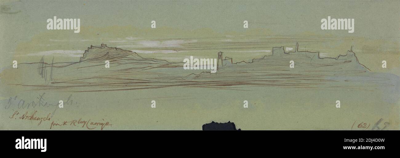 St Archangelo From The Railway Carriage Edward Lear 1812 18 British 1867 Watercolor Graphite White Gouache Pen And Brown Ink On Medium Slightly Textured Blue Wove Paper Sheet 3 X 9 1 16 Inches