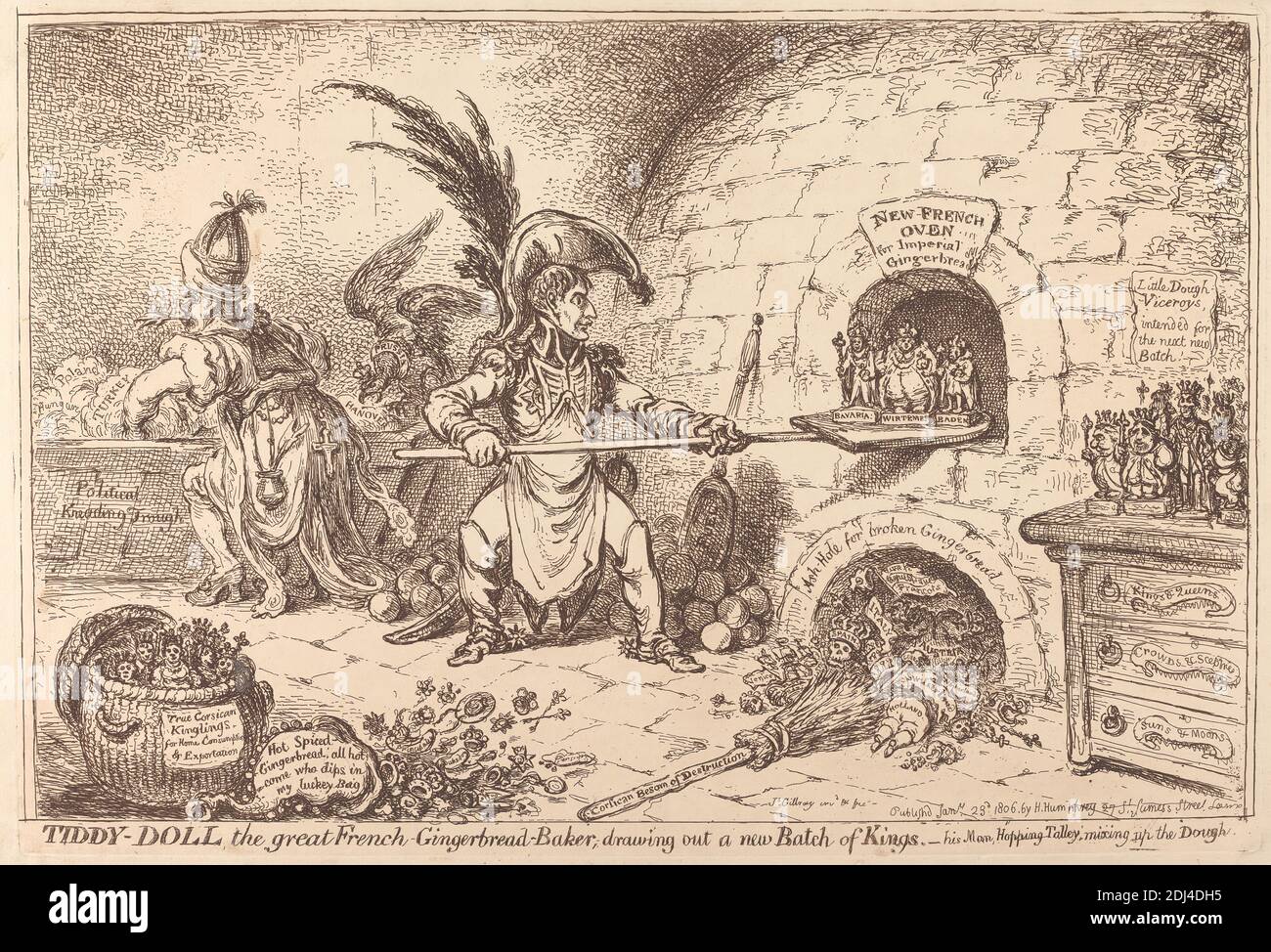 Tiddy-Doll, the great Gingerbread Baker, drawing out a new Batch of Kings, James Gillray, 1757–1815, British, 1806, Etching Stock Photo