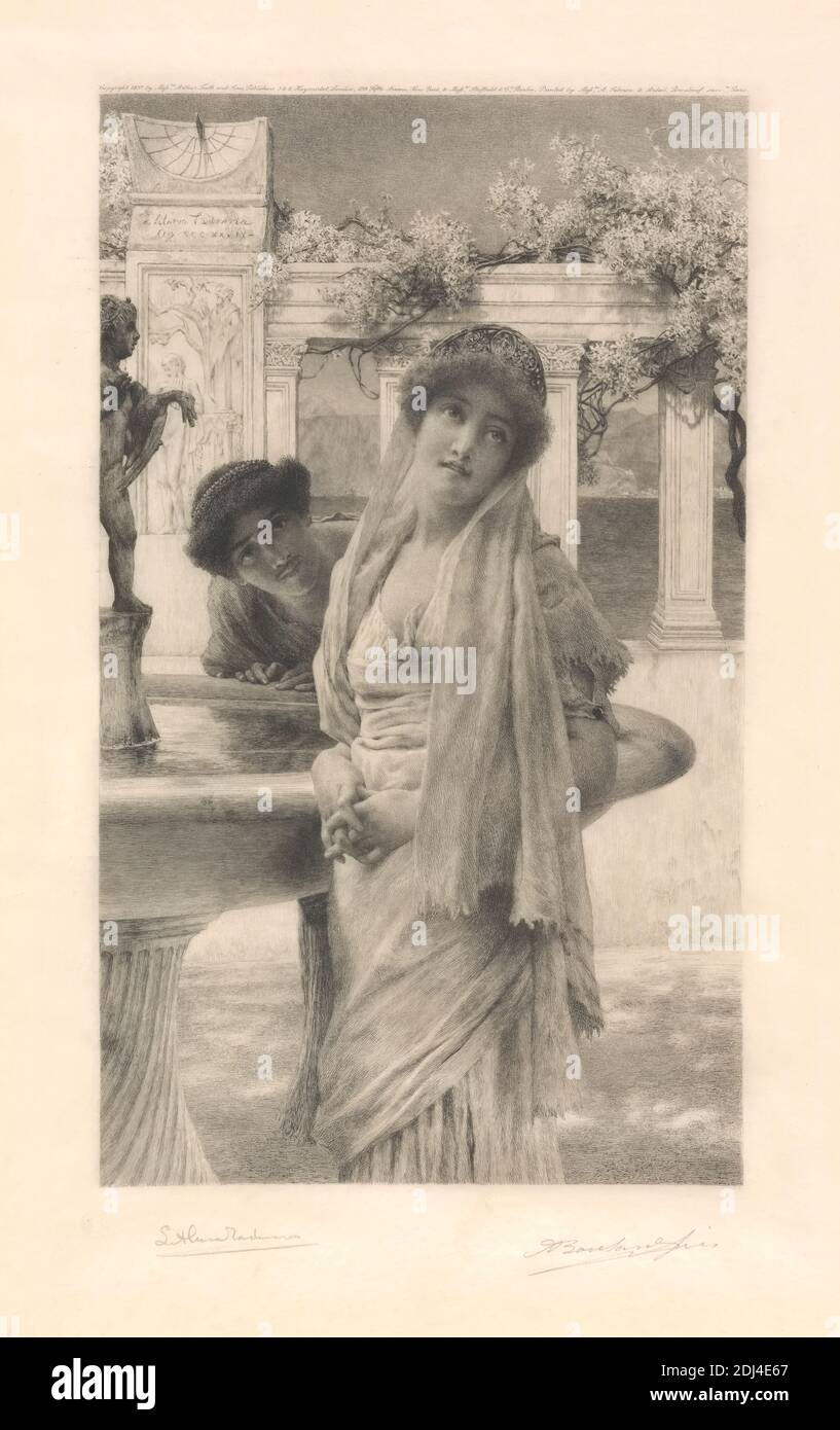 A Difference of Opinion, Print made by Auguste Boulard, 1852–1927, French, after Lawrence Alma-Tadema, 1836–1912, Dutch, active in Britain (from 1870), Printed by A. Salmon, active c.1860–1907, Published by Arthur Tooth & Sons Ltd., active 1868–1901, British, and Stiefbold & Co, active c.1884–1909, German, 1897, Etching, line engraving, and stipple engraving on medium, smooth, cream parchment paper, Sheet: 18 15/16 x 12 3/16 inches (48.1 x 30.9 cm) and Image: 13 1/2 x 7 15/16 inches (34.3 x 20.2 cm), architectural subject, Classical, crown (costume component), dress, fountain, garden, gazing Stock Photo