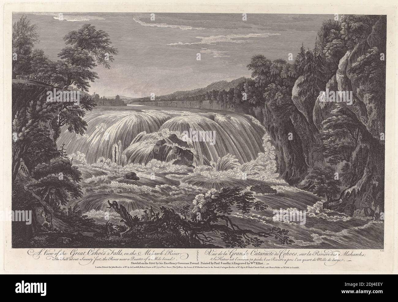 A View of the Great Cohoes Falls, on the Mohawk River, Print made by William Elliot, active 1774, died 1792, British, after Paul Sandby RA, 1731–1809, British, after drawing by Thomas Pownall, 1722–1805, British, Published by John Bowles, 1701–1779, British, Published by Robert Sayer, 1725–1794, British, Published by Thomas Jefferys, 1719–1771, British, Published by Carington Bowles, 1724–1793, British, 1768, Etching and line engraving on medium, slightly textured, cream laid paper, Sheet: 17 7/8 × 23 5/8 inches (45.4 × 60 cm), Plate: 14 1/4 × 20 5/8 inches (36.2 × 52.4 cm), and Image: 12 1/2 Stock Photo