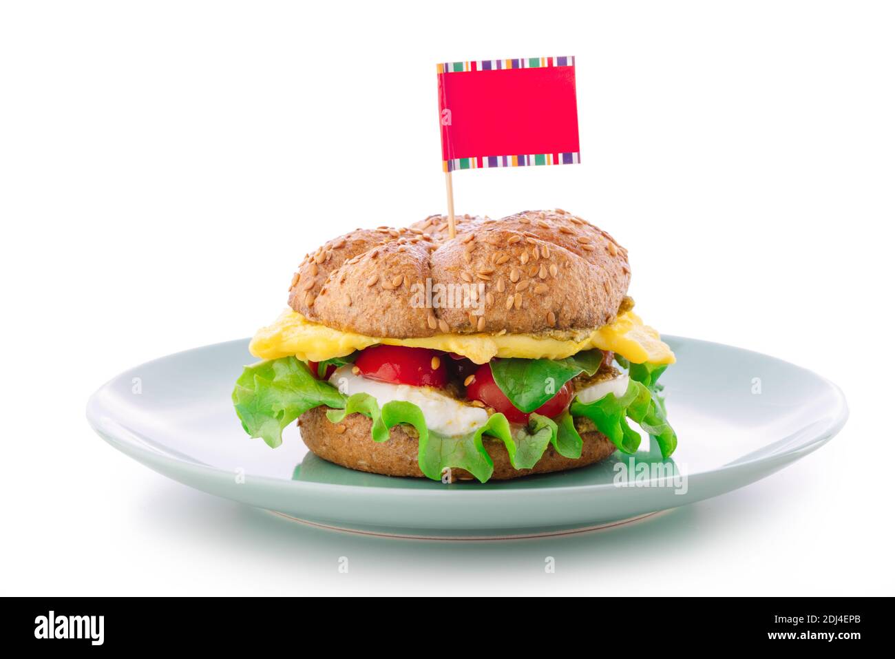 Burger on plate isolated on white Stock Photo