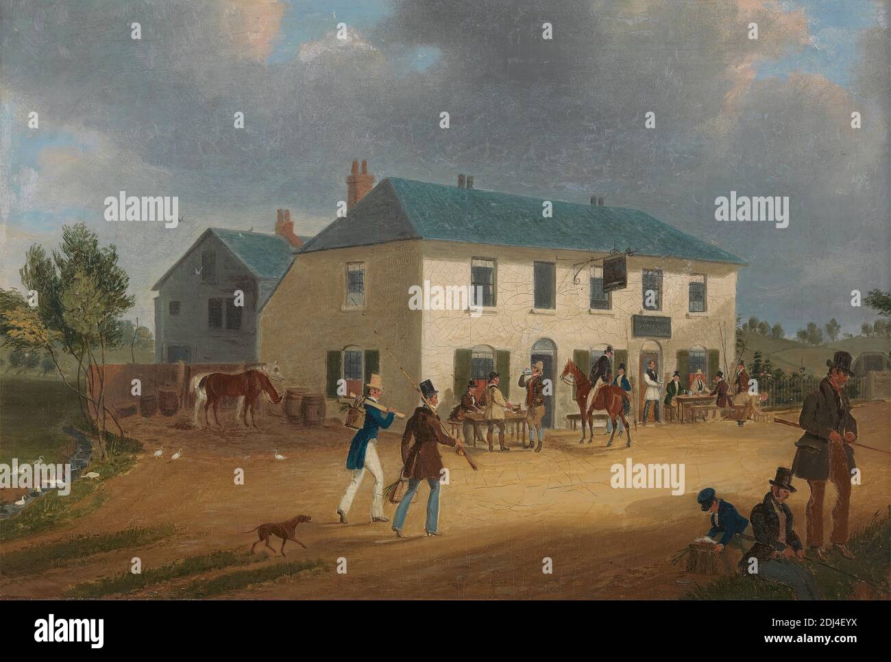 Outside the Pike and Anchor Inn at Ponders End, Middlesex, James Pollard, 1792–1867, British, 1834, Oil on canvas, Support (PTG): 12 × 18 inches (30.5 × 45.7 cm), architectural subject, horses (animals), houses, inn, men, England, Europe, Middlesex, United Kingdom Stock Photo