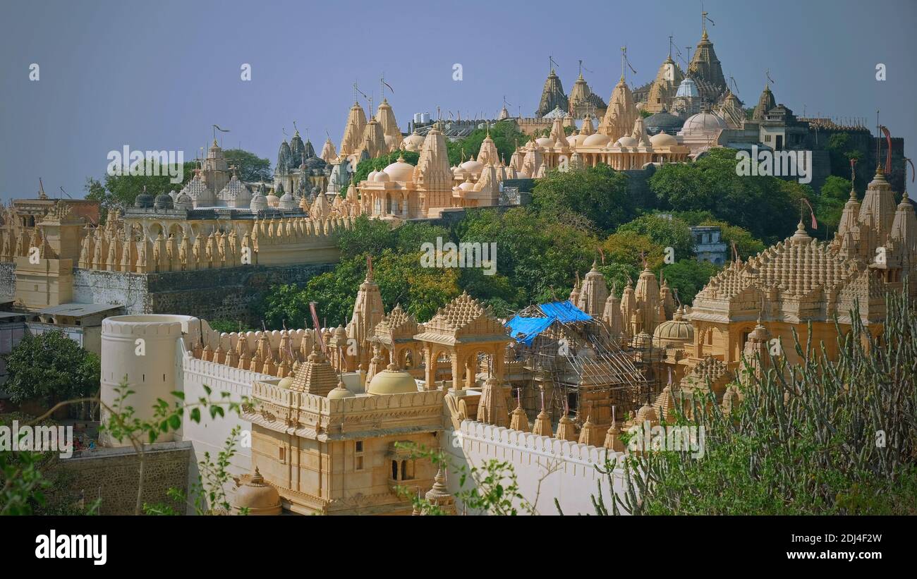 Some of the intricately carved marble shrines making up the temple complex at Palitana, a sacred site in Jainism that attracts pilgrims from worldwide Stock Photo