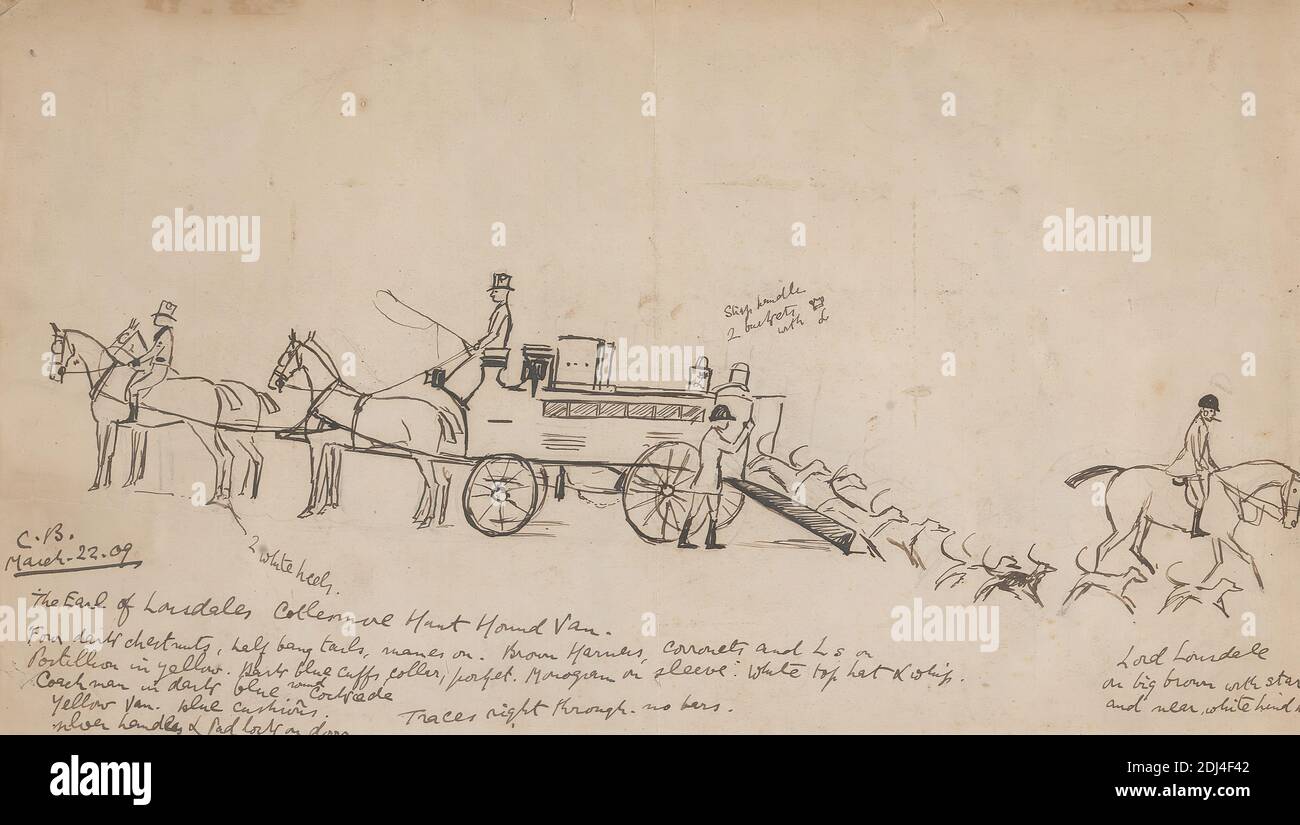 The Earl Of Lonsdale S Hound Van Arriving At A Meet Of The Cottesmore Hunt March 22 1809 Unknown Artist C B Nineteenth Century 1809 Pen And Black Ink On Medium Slightly Textured