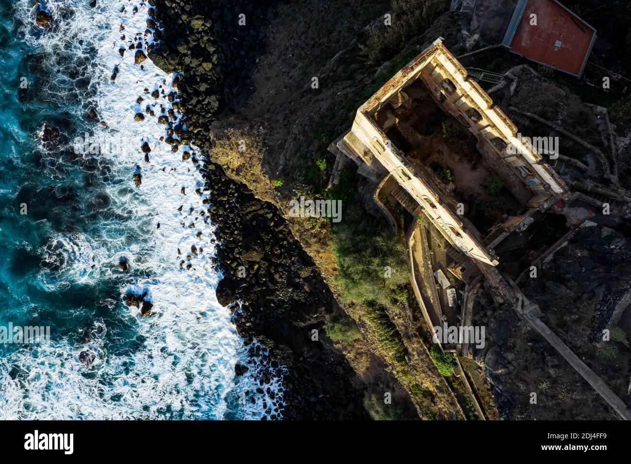 Top down view of the abandoned Casa Hamilton in Los Realejos in Tenerife on the cliff by the sea Stock Photo