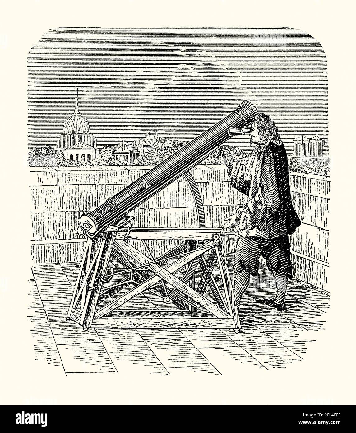 An old engraving showing Isaac Newton and his reflecting telescope, London, England, UK c. 1670. It is from a Victorian mechanical engineering book of the 1880s. The Newtonian telescope, also called the Newtonian reflector or just the Newtonian, is a type of reflecting telescope invented by the English scientist Sir Isaac Newton (1642–1727), using a concave primary mirror and a flat diagonal secondary mirror. Newton's first reflecting telescope was completed in 1668 and is the earliest known functional reflecting telescope. Stock Photo