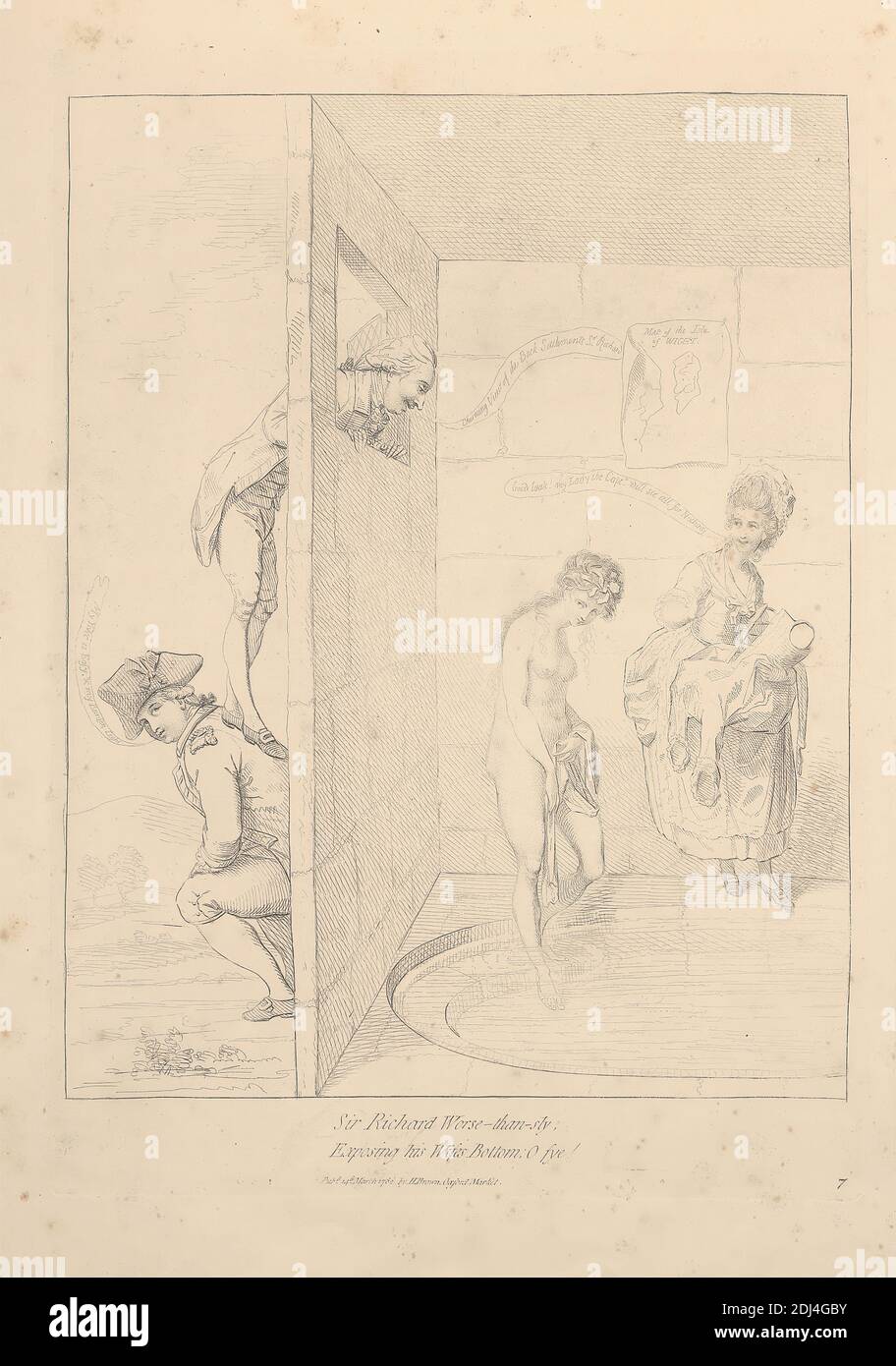 Sir Richard Worse-than-sly, Exposing his Wifes Bottom; O Fye!, James Gillray, 1757–1815, British, 1782, Engraving, Sheet: 25 3/8 x 19in. (64.5 x 48.3cm Stock Photo