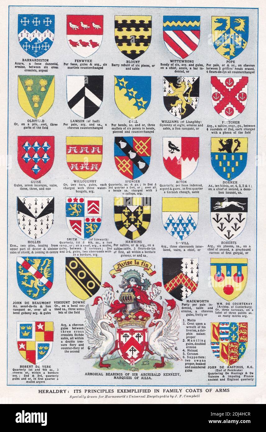 Vintage illustrations of Heraldry:  Its principles exemplified in family coats of arms 1900s. Stock Photo