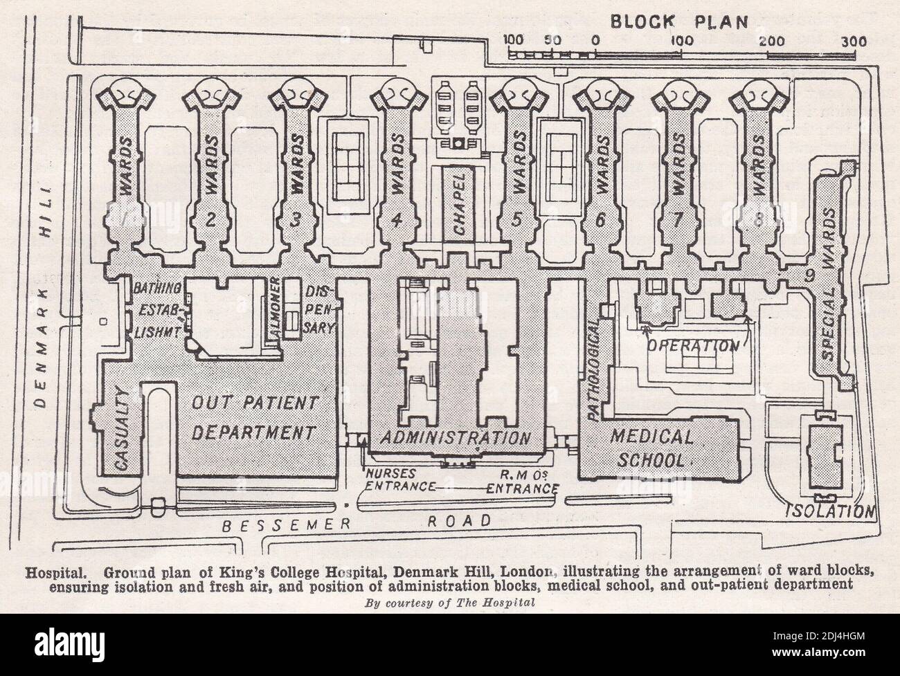 Vintage ground plan of King's College Hospital, Denmark Hill, London 1913. Stock Photo