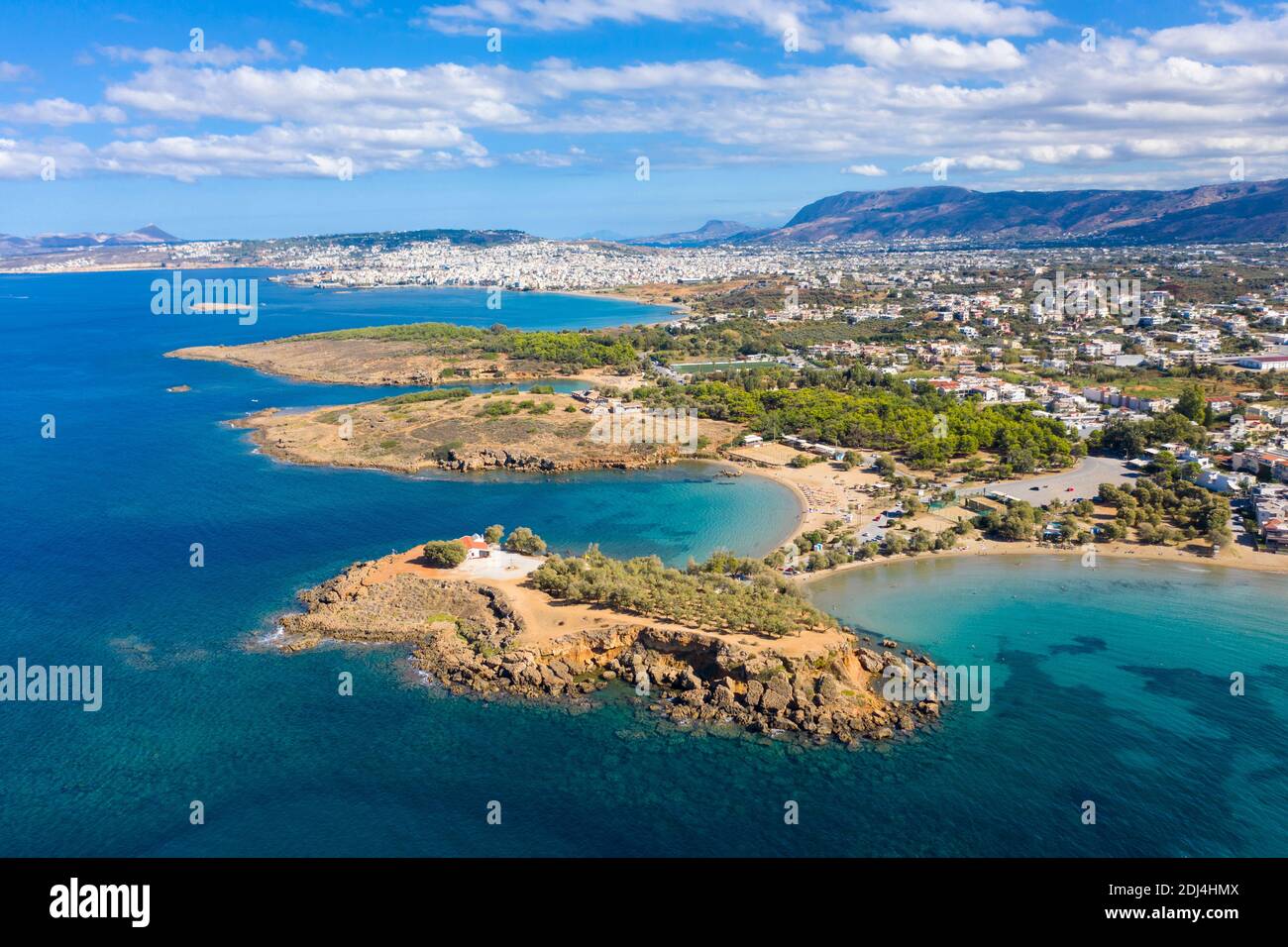 Aerial coastal view of Paralia Agii Apostoli beach, Chania, Crete, Greece Stock Photo
