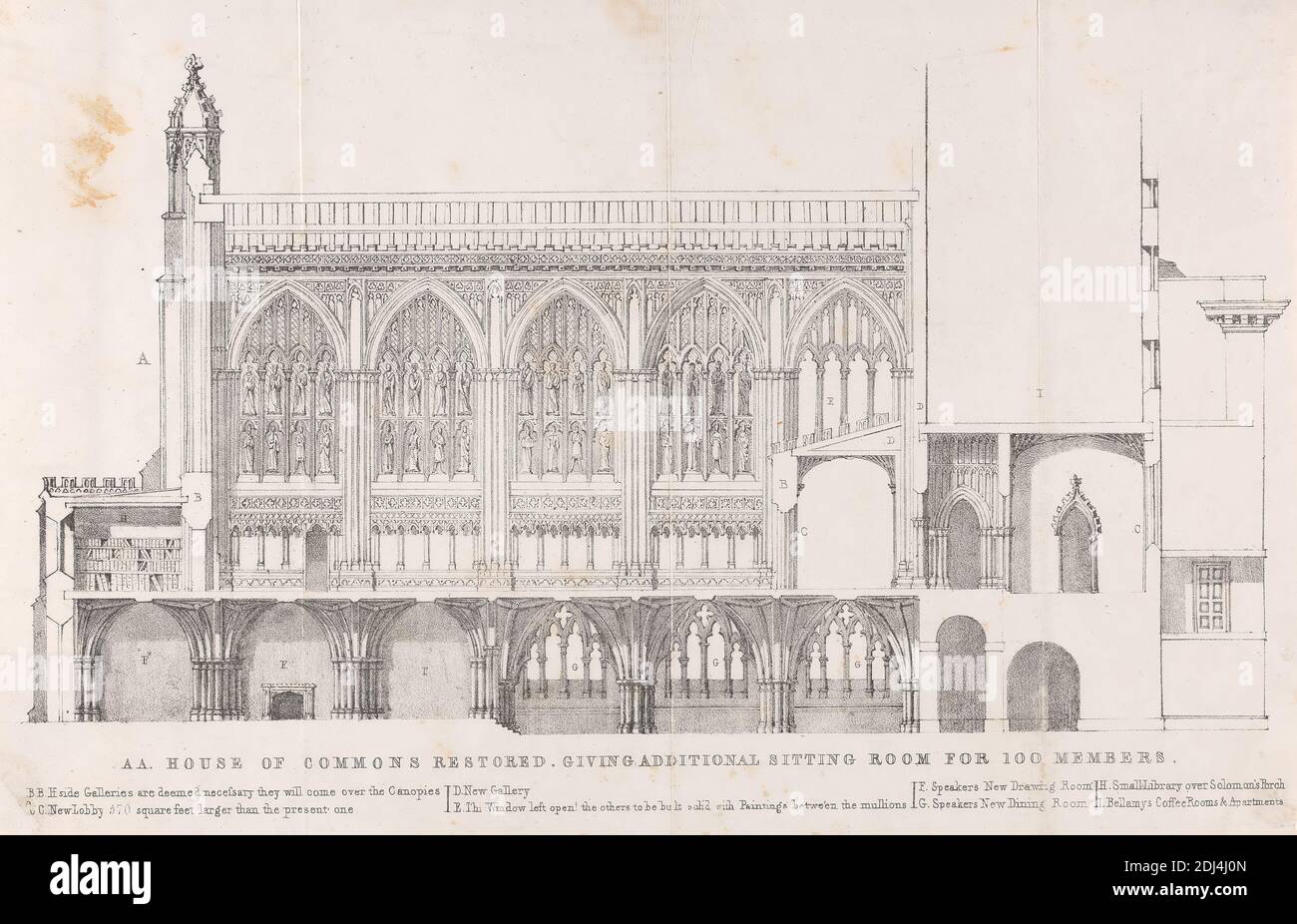 House of Commons Restored Giving Additional Sitting Room for 100 Members, unknown artist, nineteenth century, ca. 1800, Lithograph on smooth, moderately thick, white wove paper with four fold marks, Sheet: 8 5/8 × 13 1/8 inches (21.9 × 33.3 cm), architectural subject, church, section, City of Westminster, England, House of Commons, London, Palace of Westminster, St. Stephen's Chapel, Palace of Westminster, United Kingdom Stock Photo