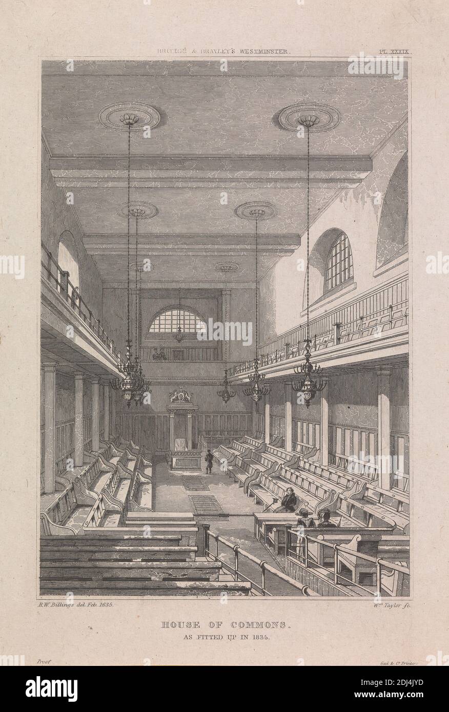 Plate XXXIX: House of Commons as Fitted Up in 1835, Print made by unknown artist, (William Taylor), after Robert William Billings, 1813–1874, British, ca. 1836, Line engraving on smooth, moderately thick, white wove paper, Sheet: 7 1/2 × 5 1/4 inches (19.1 × 13.3 cm) and Plate: 6 1/8 × 4 3/16 inches (15.6 × 10.6 cm), architectural subject, interior view, City of Westminster, England, House of Commons, London, Palace of Westminster, St. Stephen's Chapel, Palace of Westminster, United Kingdom Stock Photo