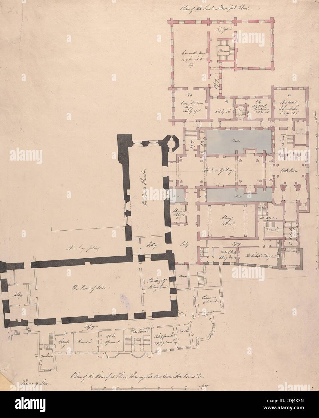 Plan of the Principal Story, Shewing the New Committee Rooms &c, House of Lords, Attributed to office of Sir John Soane, 1753–1837, British, ca. 1794, Graphite, pen and black ink, watercolor on moderately textured, moderately thick, white wove paper bar scale of 1/14 inch to 1 foot, Sheet: 19 5/8 × 16 1/8 inches (49.8 × 41 cm), architectural subject, plan (formal concept), City of Westminster, England, London, Palace of Westminster, United Kingdom Stock Photo