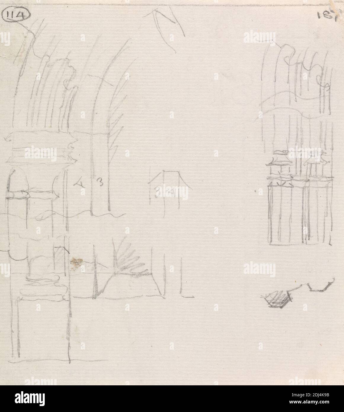 Details of Capitals and Arches, Painted Chamber, unknown artist, between 1793 and 1799, Graphite on medium, slightly textured, white laid paper, Sheet: 5 3/4 × 5 1/16 inches (14.6 × 12.9 cm), architectural subject, City of Westminster, England, London, Palace of Westminster, United Kingdom Stock Photo