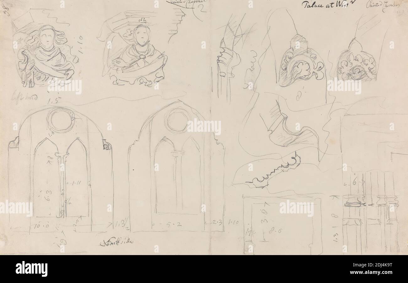 North Side, Painted Chamber, Attributed to John Carter, 1748–1817, British, between 1793 and 1799, Graphite and pen and black ink on medium, slightly textured, white wove paper, Sheet: 9 × 14 3/8 inches (22.9 × 36.5 cm), architectural subject, City of Westminster, England, London, Palace of Westminster, United Kingdom Stock Photo