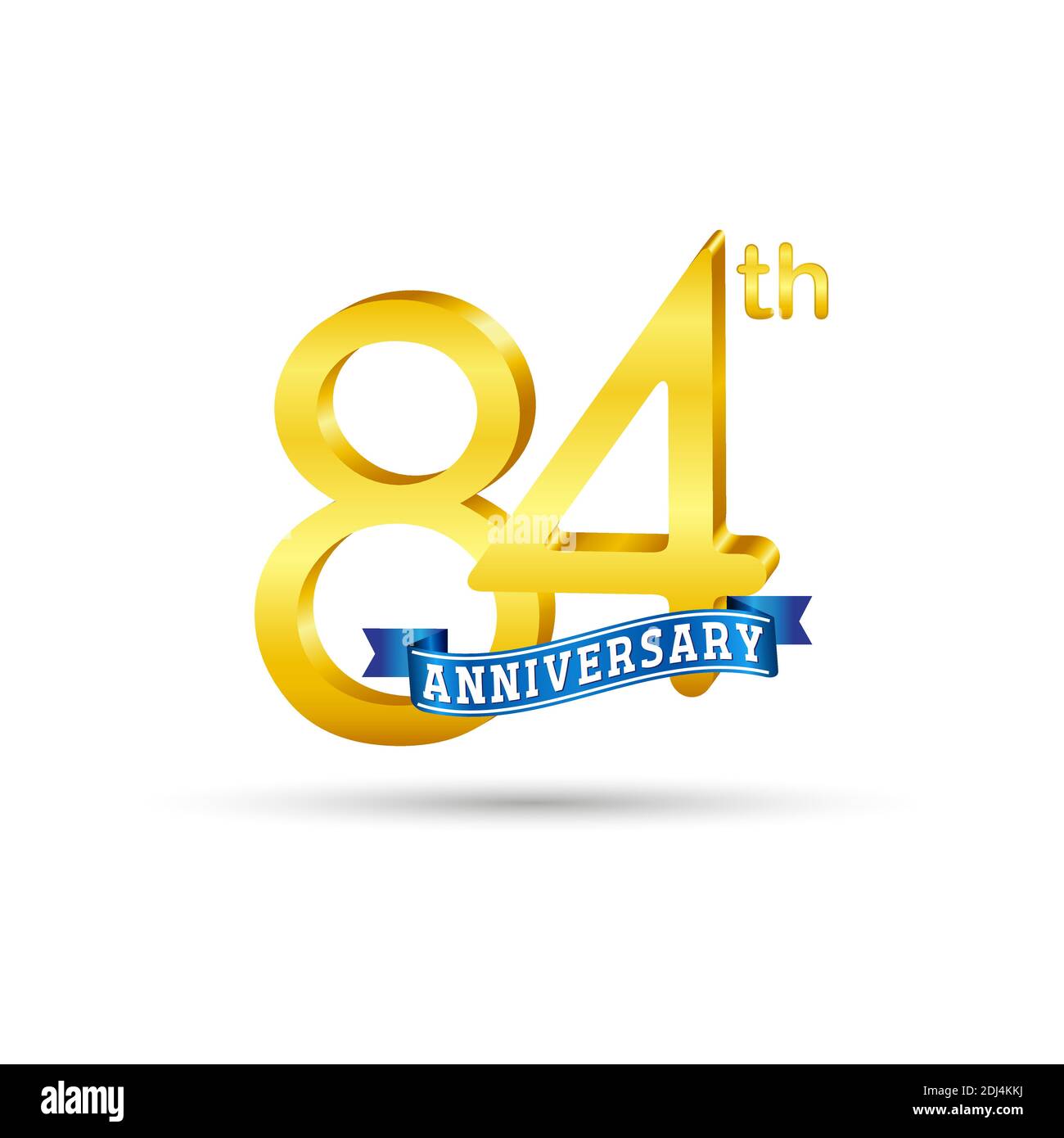 84th golden Anniversary logo with blue ribbon isolated on white background. 3d gold Anniversary logo Stock Vector