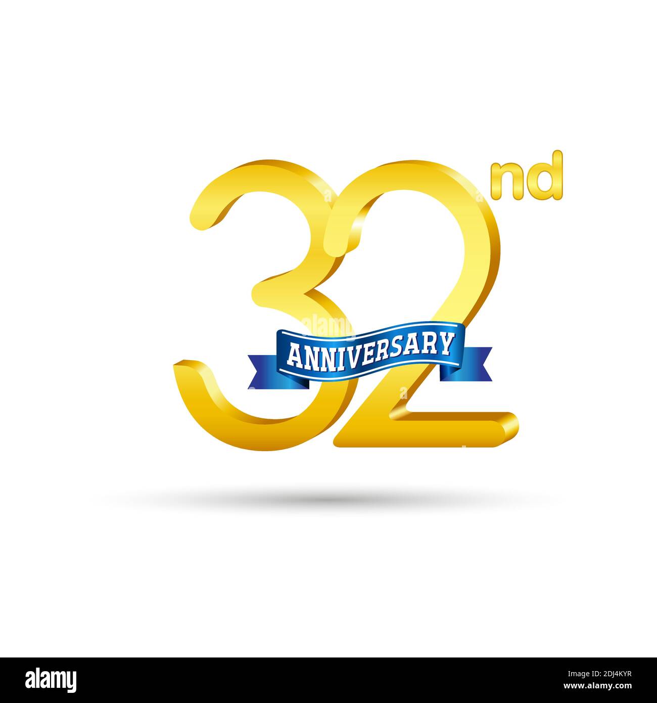 32nd golden Anniversary logo with blue ribbon isolated on white background. 3d gold Anniversary logo Stock Vector