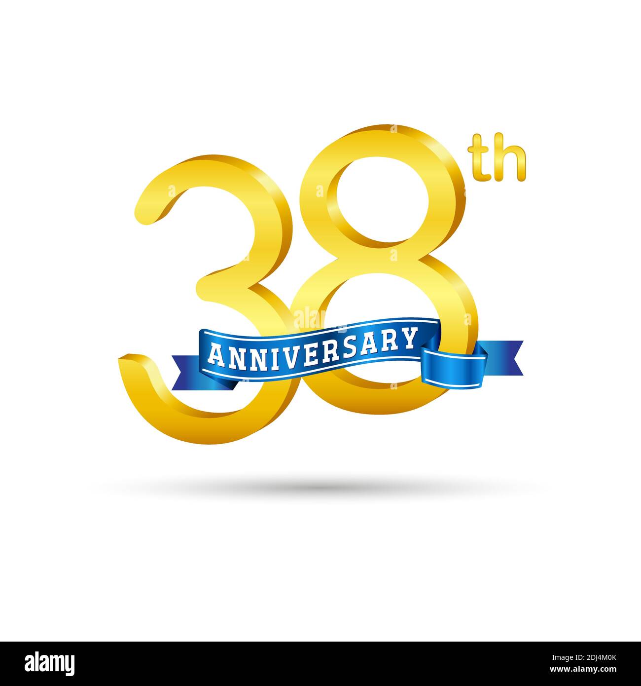 38th golden Anniversary logo with blue ribbon isolated on white background. 3d gold Anniversary logo Stock Vector