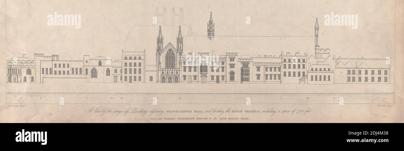 A View of the Range of Building Adjoining Westminster Hall, and Fronting the River Thames; Including a Space of 750 Feet, Print made by R.C. Roffe, active in London 1806–1835, British, after Philip William Wyatt, 1777–1835, British, 1827, Line engraving on smooth, medium, white wove paper, Sheet: 5 × 15 5/8 inches (12.7 × 39.7 cm), architectural subject, City of Westminster, England, London, Palace of Westminster, United Kingdom Stock Photo