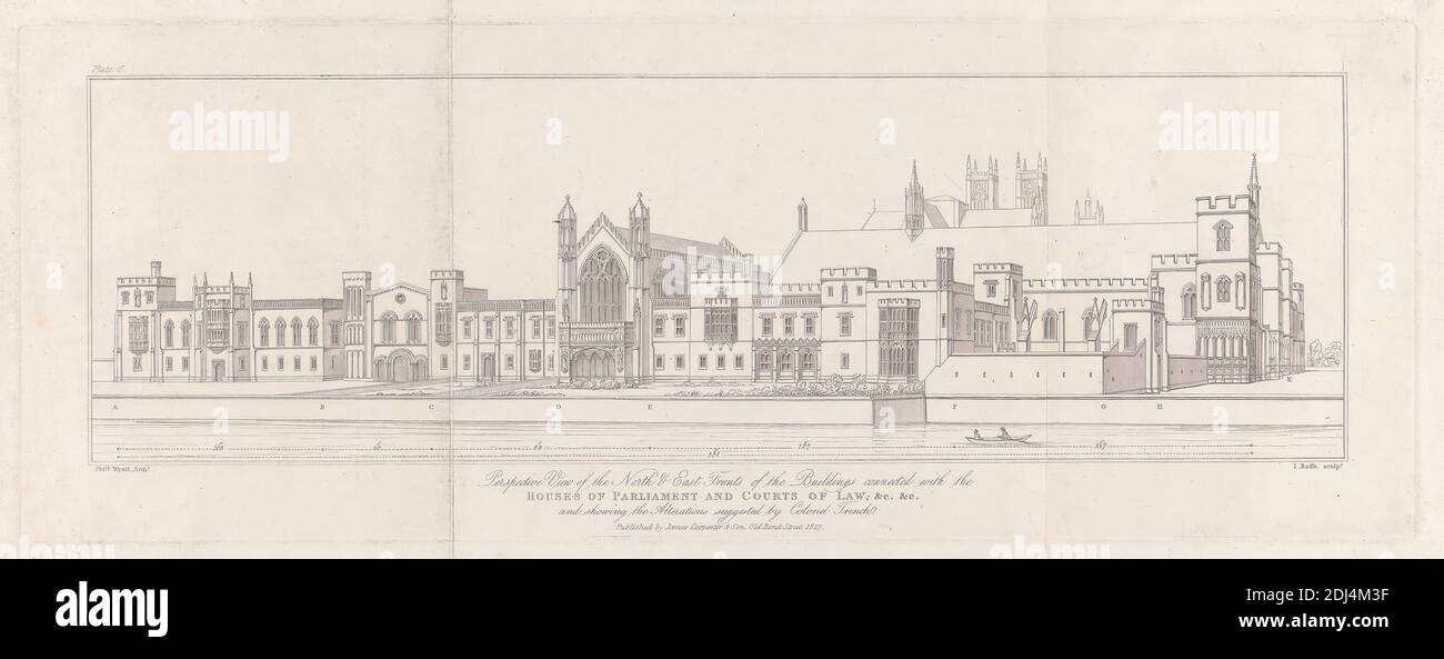 Perspective View of the North & East Fronts of the Building Connected with the Houses of Parliament and Courts of Law, &c. &c., Print made by R.C. Roffe, active in London 1806–1835, British, after Philip William Wyatt, 1777–1835, British, 1827, Line engraving on slightly textured, medium, white wove paper, Sheet: 6 13/16 × 17 3/16 inches (17.3 × 43.7 cm), Plate: 6 × 16 1/4 inches (15.2 × 41.3 cm), and Image: 4 1/2 × 14 5/8 inches (11.4 × 37.1 cm), architectural subject, City of Westminster, England, London, Palace of Westminster, United Kingdom Stock Photo