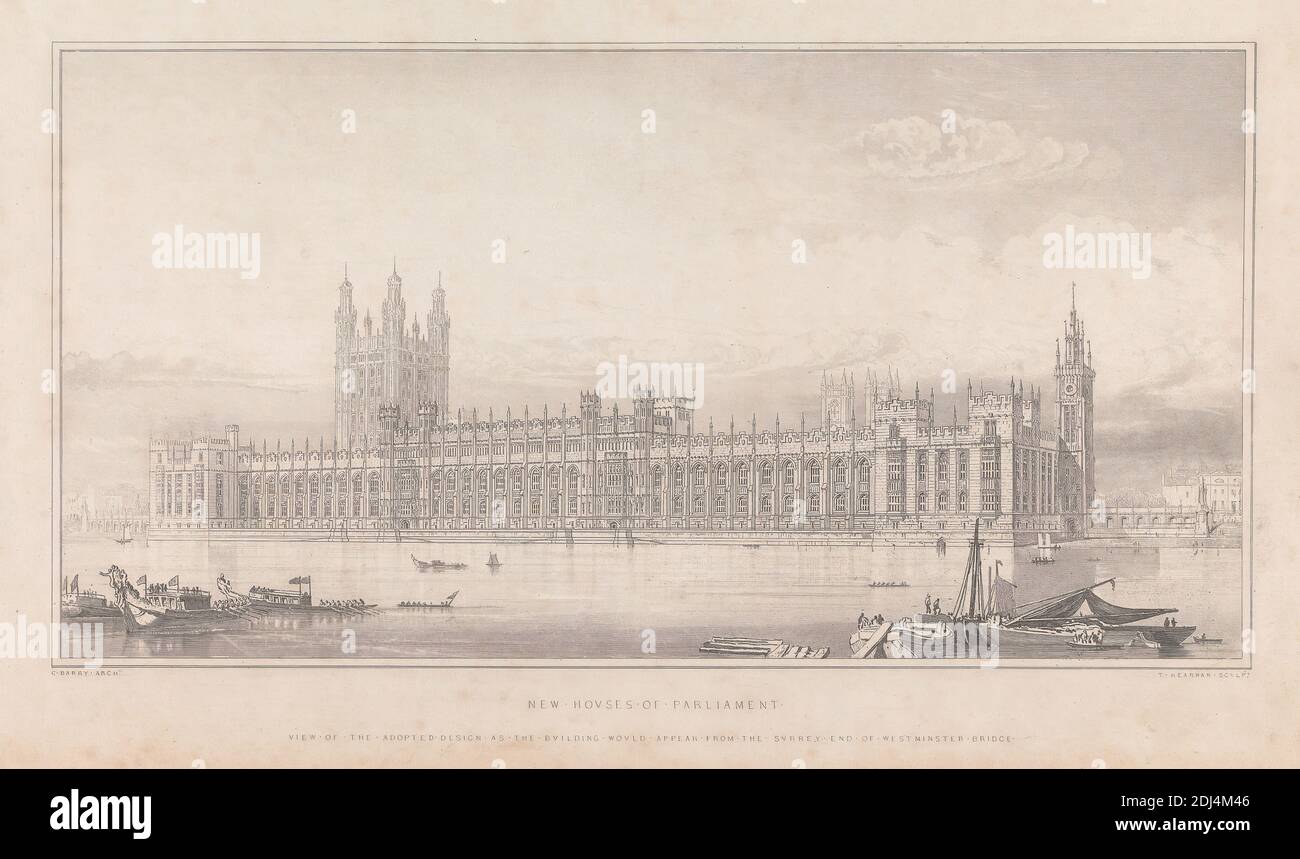 New Houses of Parliament, View of the Adopted Design as the Building Would Appear from the Surrey End of Westminster Bridge, Print made by T. Kearnan, active 1821–1850, British, after Sir Charles Barry, 1795–1860, British, ca. 1835, Line engraving on smooth, medium, white wove paper, Sheet: 6 7/8 × 11 1/4 inches (17.5 × 28.6 cm) and Image: 5 × 9 3/4 inches (12.7 × 24.8 cm), architectural subject, City of Westminster, England, London, Palace of Westminster, United Kingdom Stock Photo